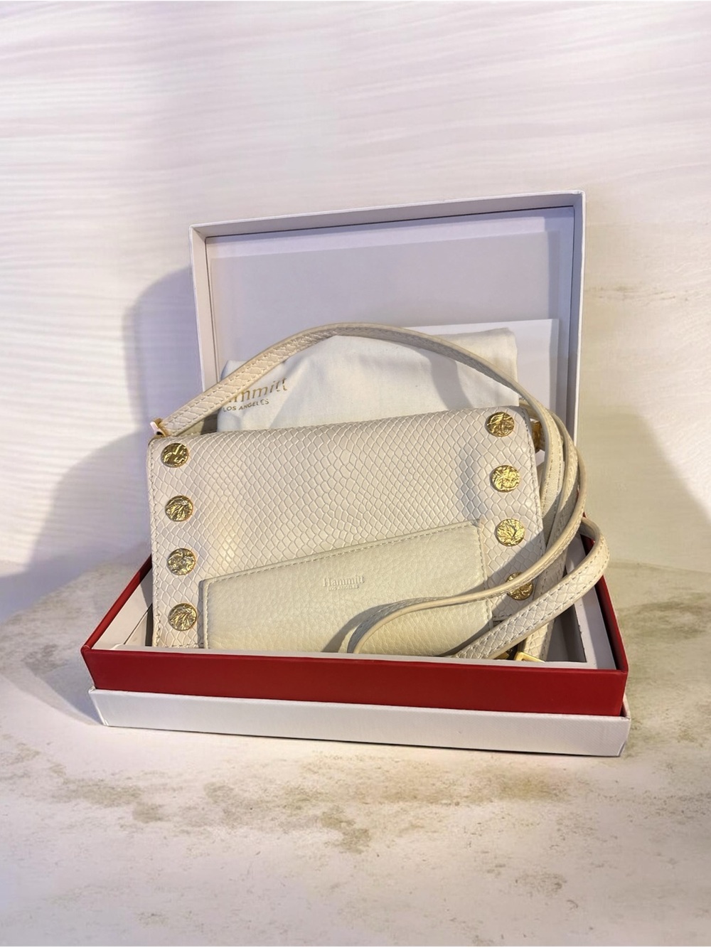 Hammitt Evan Cream Leather Crossbody with Gold Studs